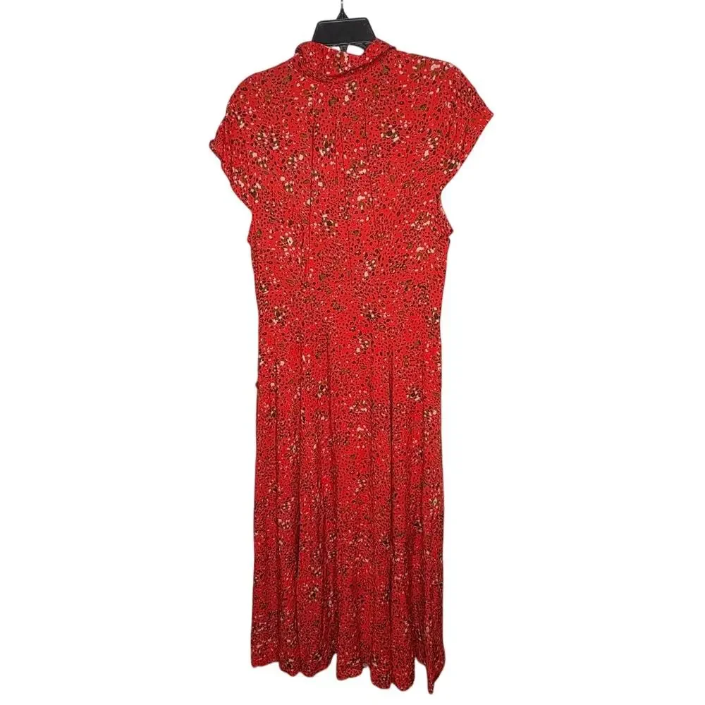 Free People 40's Print Midi Button Up Cap Sleeve Red Lined Shirt Dress Size 12